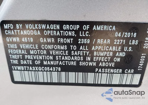 2016 Volkswagen Passat 1.8T Se z USA, uszkodzony, nr VIN 1VWBT7A3XGC054378